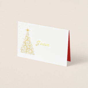 Carte Dorée Nom Place Card Or Foiled ChristmasTree & Stars