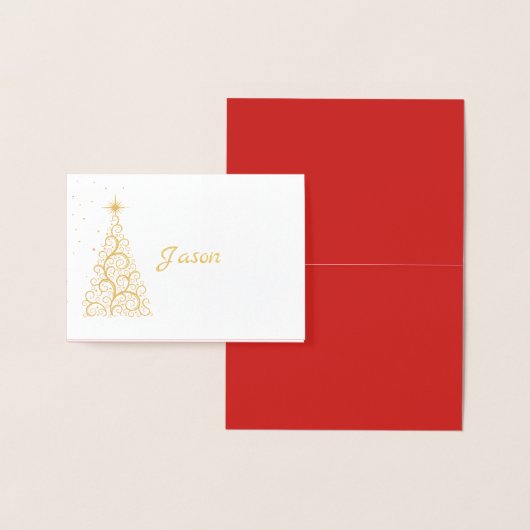 Carte Dorée Nom Place Card Or Foiled ChristmasTree & Stars (Affichage)