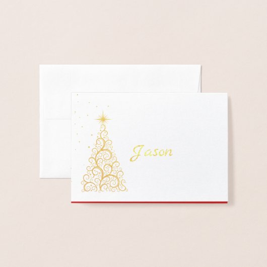 Carte Dorée Nom Place Card Or Foiled ChristmasTree & Stars (Devant avec enveloppe)