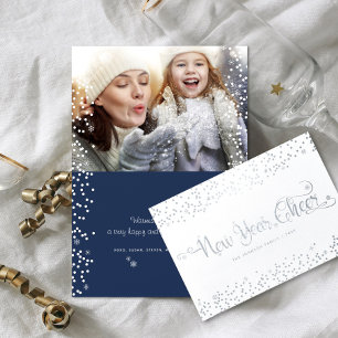 Carte Dorée Nouvel an Cheval photo Snowflakes Script Marine Ar