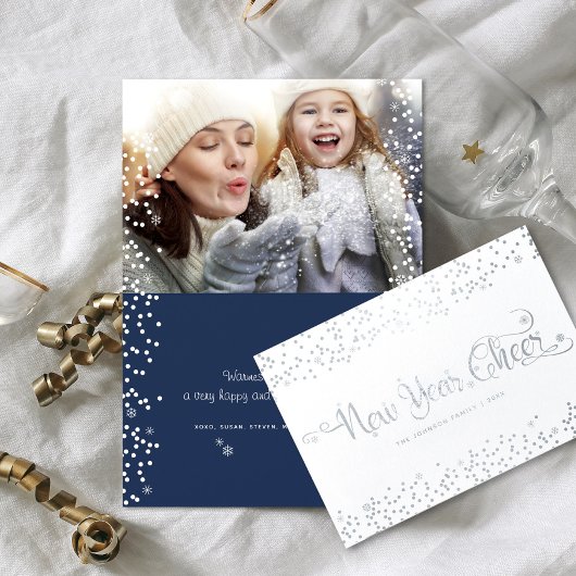 Carte Dorée Nouvel an Cheval photo Snowflakes Script Marine Ar