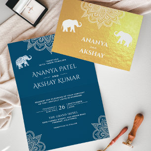 Carte Dorée Océan Blue Henna Elephant Mariage Indien Or
