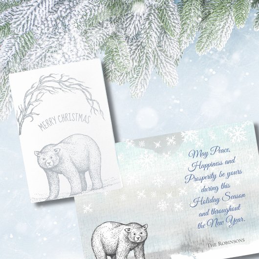 Carte Dorée Ours de Noël et flocons de neige Salutations