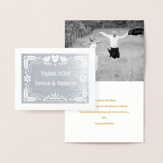 Carte Dorée Papier picado mariage Merci photo argent (Affichage)