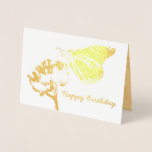 Carte Dorée Papillon d'or sur Flower Friend<br><div class="desc">Un joli design féminin, avec un grand papillon perché sur une fleur. Simple et graphique, l'image abstraite du papillon et de la fleur est née de ma photographie naturelle originale. A l'intérieur, sur un abstrait motif arrière - plan jaune doré, est un sentiment agréable qui coule avec l'image, qui peut...</div>