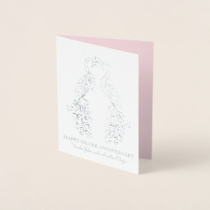 Carte Dorée Peacock peahen ligne art couple argent anniversair