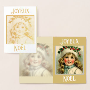 Carte Dorée Petite fille vintage avec mistletoe
