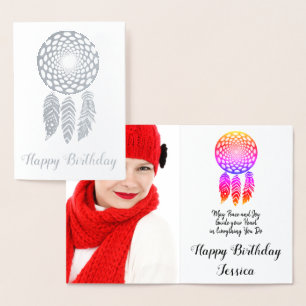 Carte Dorée Photo Happy Birthday Silver Foil Feathards Card