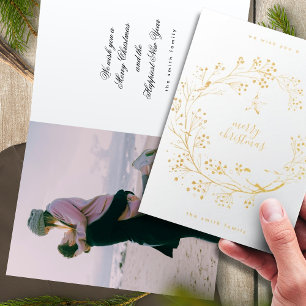 Carte Dorée Photo Wreath Joyeux Noël Nouvel an VRAI Or