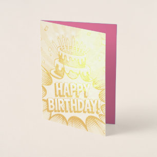 Carte Dorée Pop Art Joyeux gâteau d'anniversaire