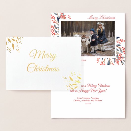 Carte Dorée Red Berry Foliing Photo de Noël (Affichage)