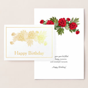Carte Dorée Roses rouges Floral Or d'anniversaire