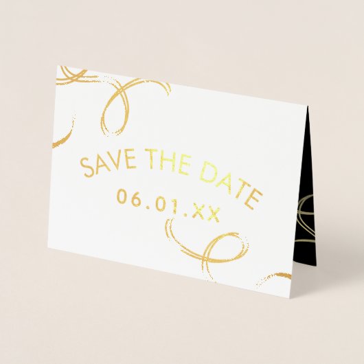 Carte Dorée Script Enregistrer la date Photo Faux Swirl Black (Devant)