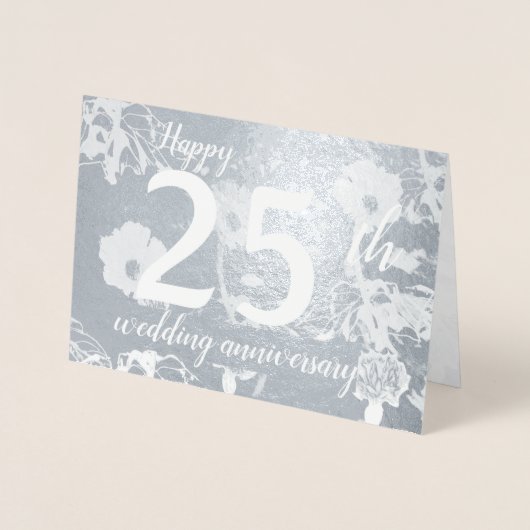 Carte Dorée Silver Foil floral 25e anniversaire Mariage blanc (Devant)