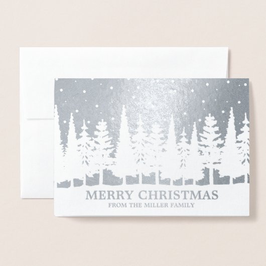 Carte Dorée Silver Foil Joyeux Noël Snowy Trees Custom (Devant avec enveloppe)