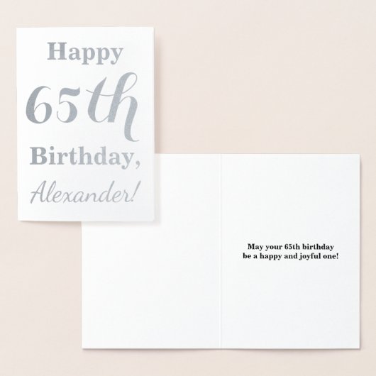 Carte Dorée Simple Argent Foil 65e anniversaire + Nom personna (Affichage)