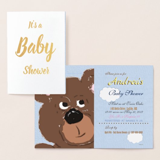 Carte Dorée Teddy Bear Powder Blue Baby Shower (Affichage)