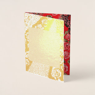Carte Dorée Tissu rouge éclatant avec floral complexe et