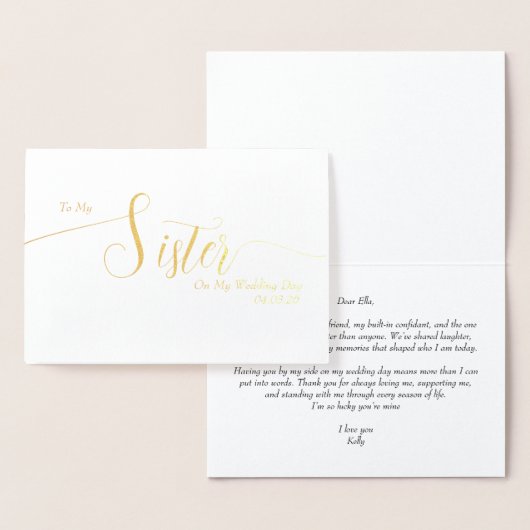Carte Dorée To My Sister on My Wedding Day Elegant Script (Affichage)