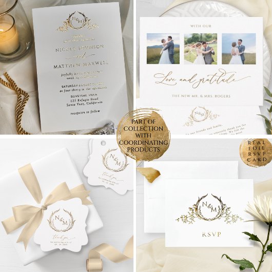 Carte Dorée Véritable Foil Elegant Monogramme Code QR RSVP Onl