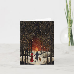 Carte double vintage gouache couple d'hiver et égl