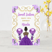 Carte Douce 16 Peau foncée Princesse Purple Joyeux Anniv (Fleur jaune)