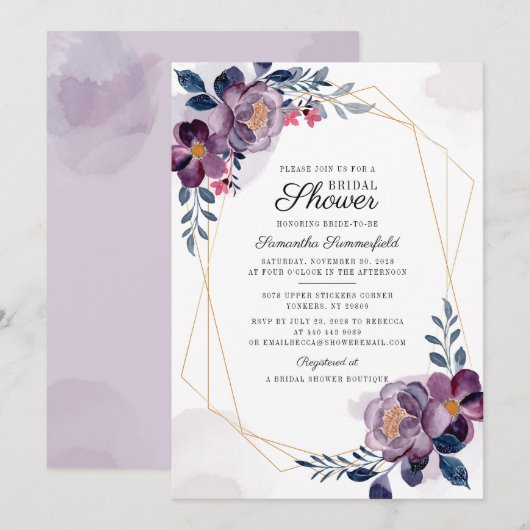 Carte Douce Mariée Florale Violet Script Lavis Fleurs (Devant / Derrière)