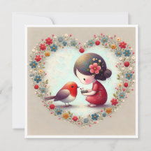 Douce Robin et petite fille Cœur floral