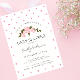 Carte Douces Roses Roses et Cœurs Fille Baby Shower