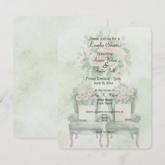 Carte Douche de Couple Florale Verte  (Devant / Derrière)
