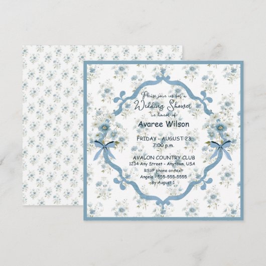Carte Douche de Mariage en Floral Bleu (Devant / Derrière)