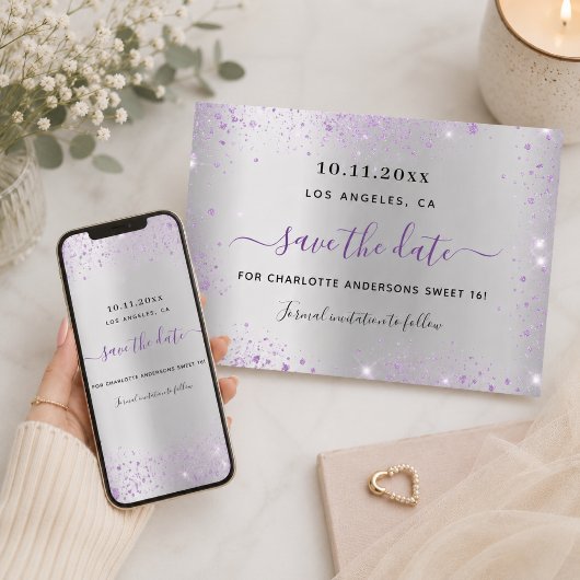 Carte Doux 16 argent violet enregistrer la date
