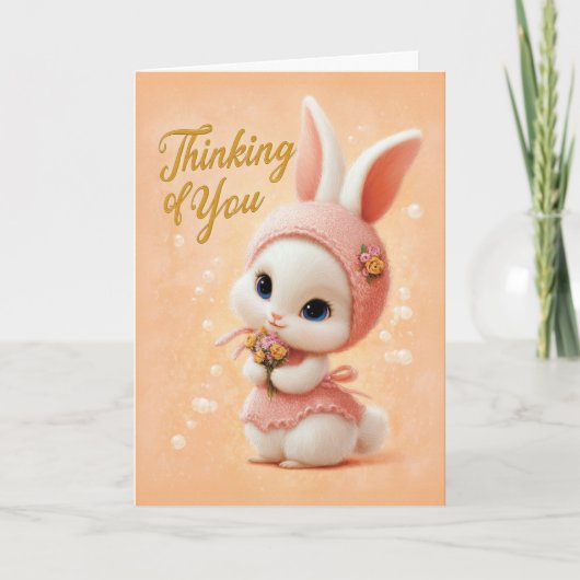 Carte Doux bébé lapin en robe pêche pensant à vous (Devant)
