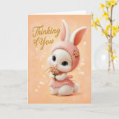 Carte Doux bébé lapin en robe pêche pensant à vous (Fleur jaune)
