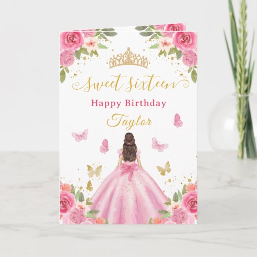 Carte Douze ans, rose, princesse, brunette (Devant)
