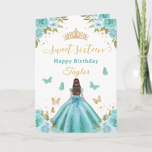 Carte Douze Ans Turquoise Princesse Fille Brune (Devant)