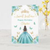Carte Douze Ans Turquoise Princesse Fille Brune (Fleur jaune)