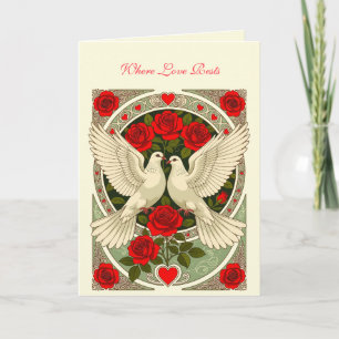 Carte Doves blanches et roses rouges Art nouveau