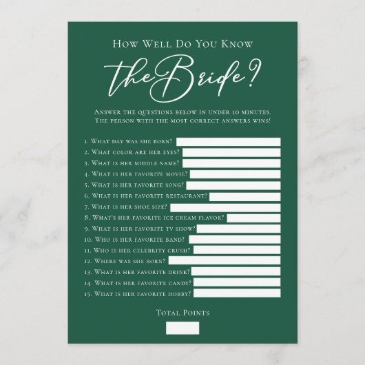Carte Downloadable Green Bride Facts Shower Game (Devant)