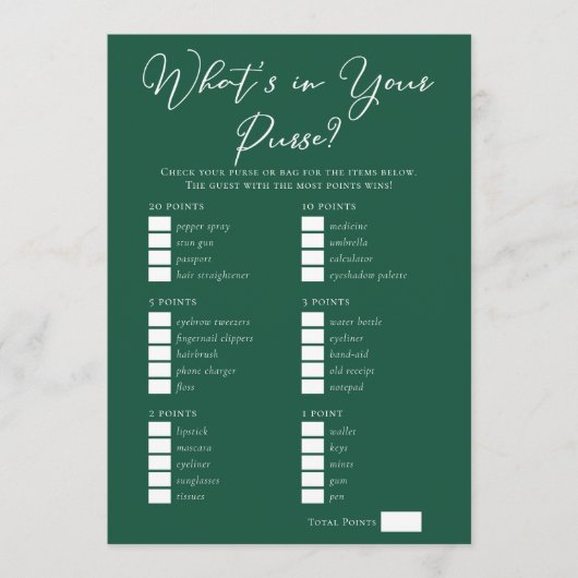 Carte Downloadable Green Purse Bridal Shower Game (Devant)