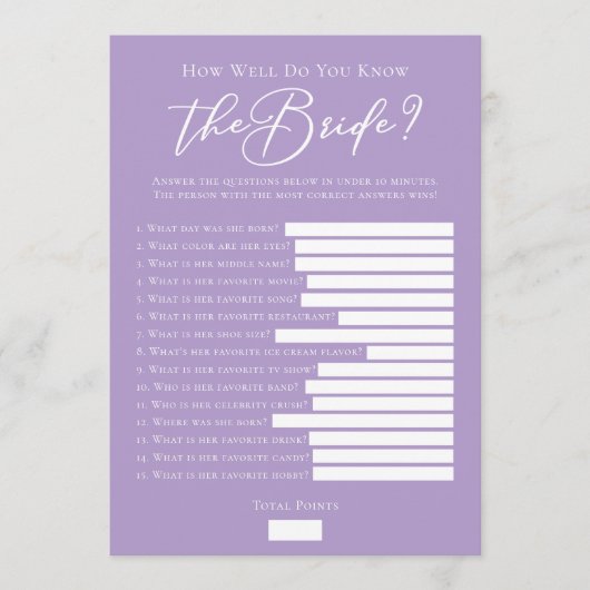 Carte Downloadable Lilac Purple Bride Facts Shower Game (Devant)