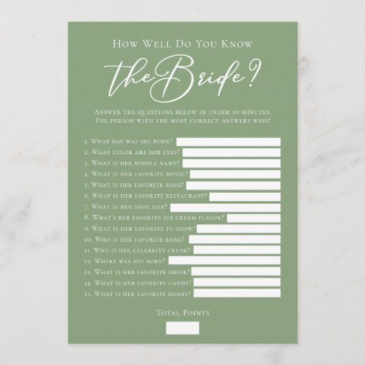 Carte Downloadable Sage Green Bride Facts Shower Game (Devant)