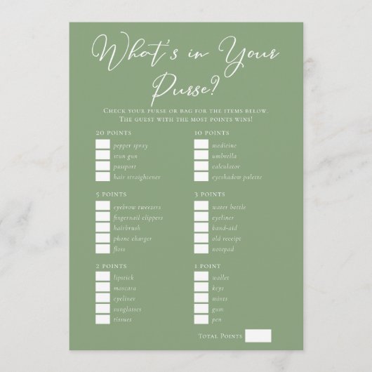 Carte Downloadable Sage Green Purse Bridal Shower Game (Devant)
