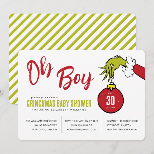 Carte Dr Seuss | Oh Boy Grinch Baby shower (Devant / Derrière)