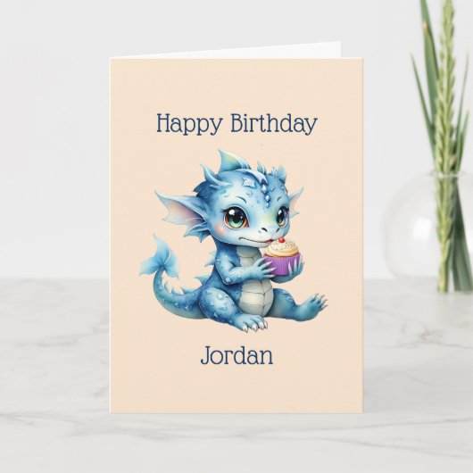 Carte Dragon Bébé Bleu Mange un Cupcake (Devant)