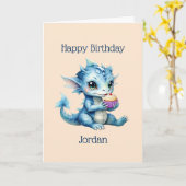 Carte Dragon Bébé Bleu Mange un Cupcake (Fleur jaune)
