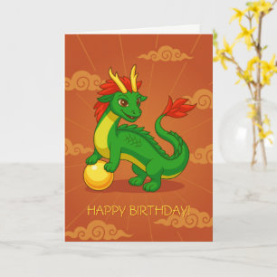 Carte Dragon Chinois Vert sur Fond Rouge d'Anniversaire