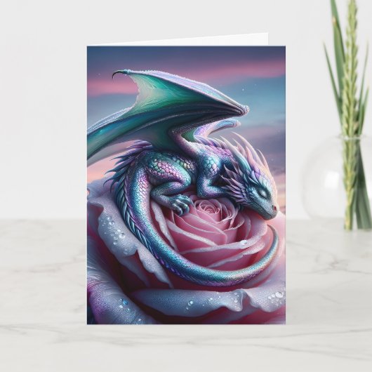 Carte Dragon de bébé Iridescente endormi sur rose rose (Devant)