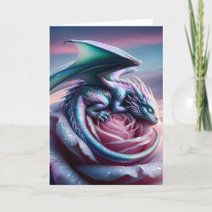 Carte Dragon de bébé Iridescente endormi sur rose rose