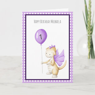 Carte Dragon mou violet avec ballons premier anniversair